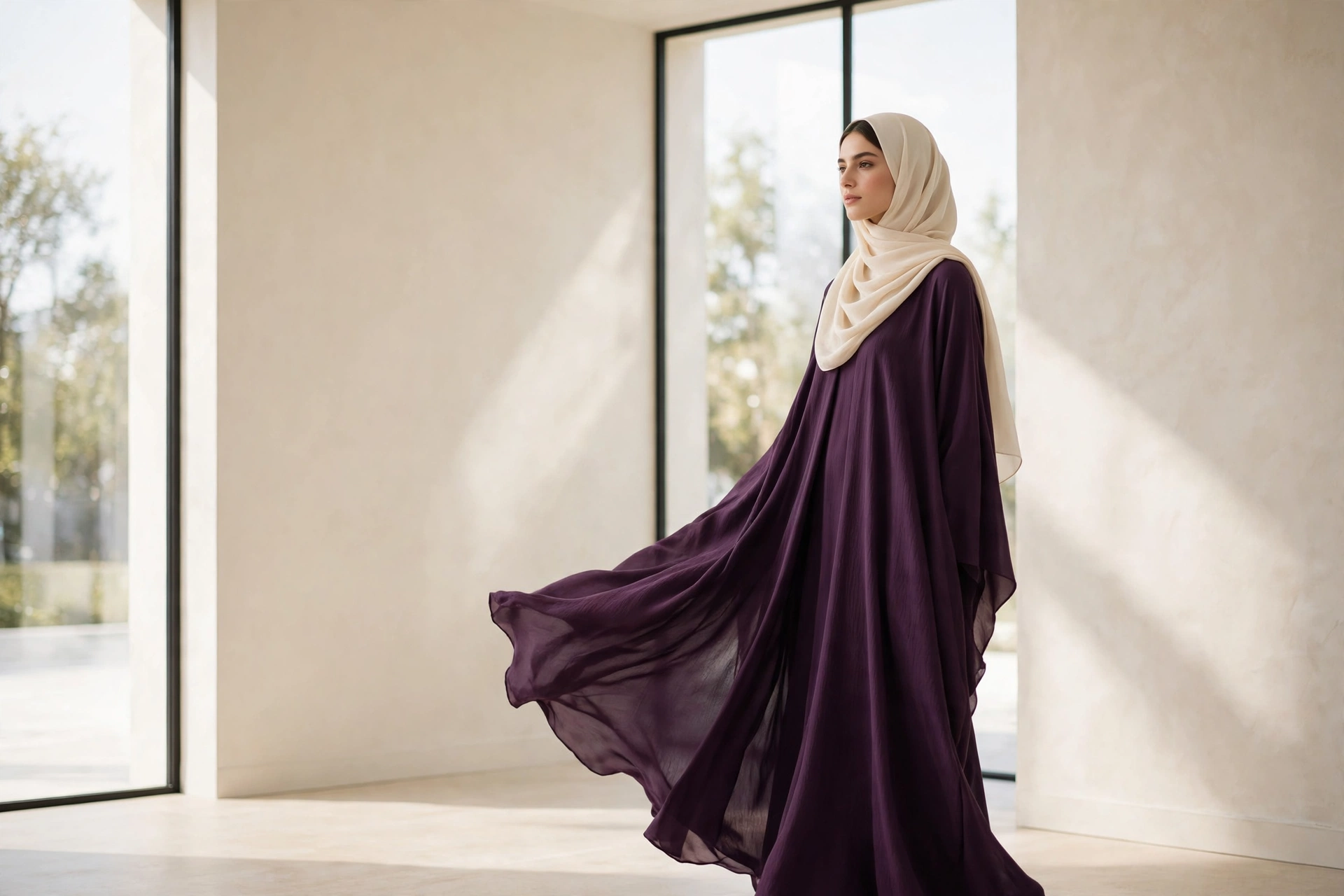 Woman wearing a flowing Zeest abaya and cream hijab in soft daylight